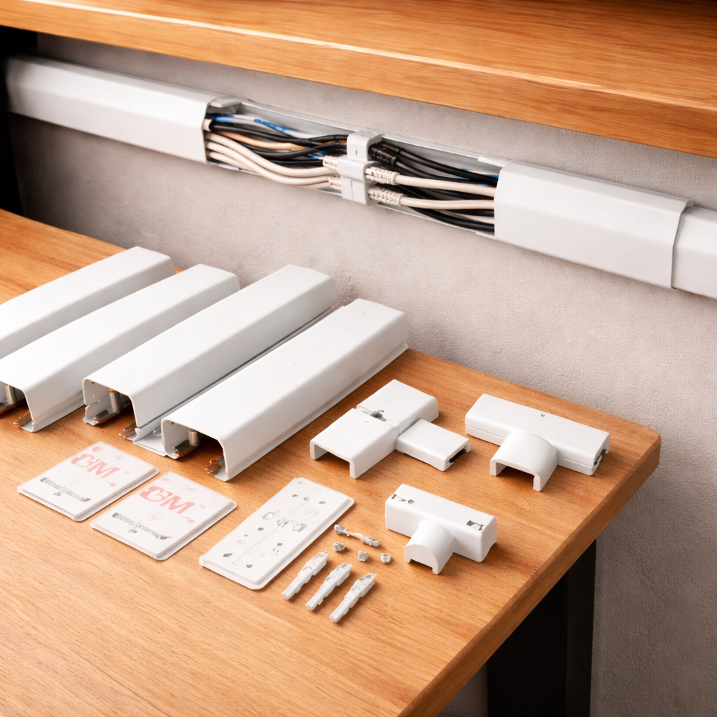 Cable raceway hiding and organizing wall-mounted desk cables