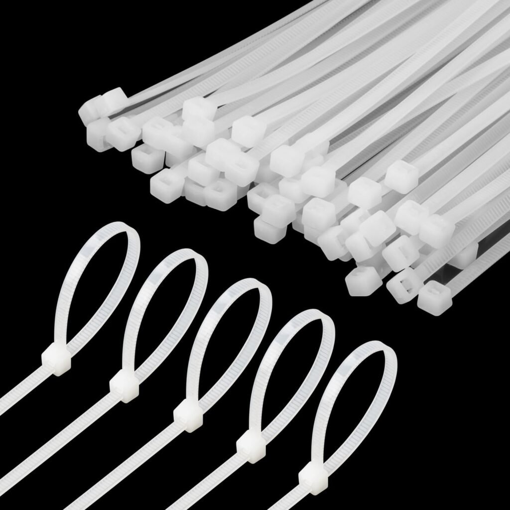 Bundle of white zip ties with square heads for cable management