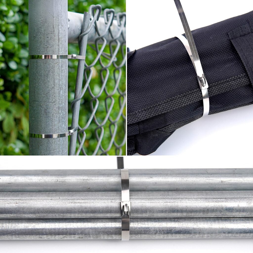 "Stainless steel cable ties securing a chain-link fence post, bundled fabric roll, and stacked metal pipes"