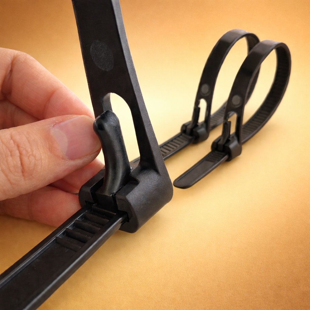 Reusable black zip tie with push-release locking mechanism