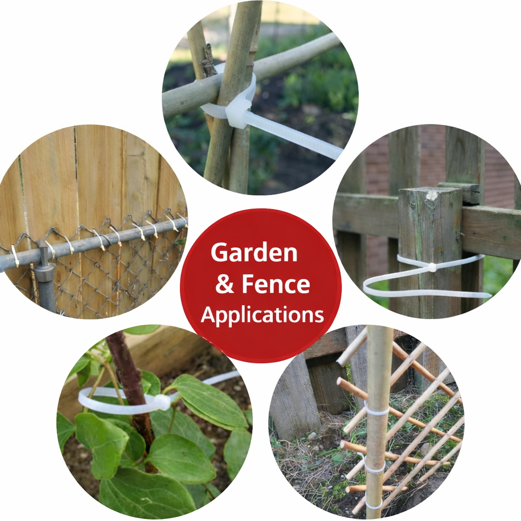 White zip ties for outdoor garden and fence applications