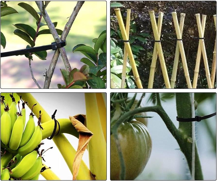 Black zip ties securing plants and garden branches.