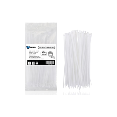 Bundle of 12-inch white zip ties with packaging for cable management and wire bundling.