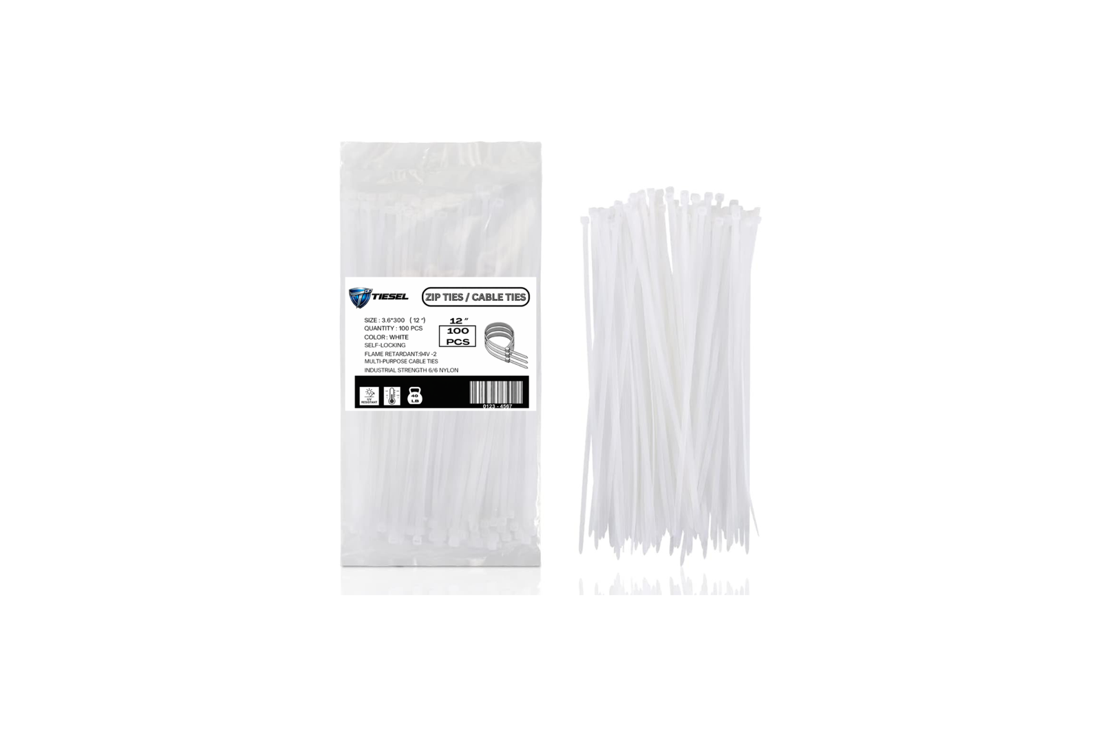Bundle of 12-inch white zip ties with packaging for cable management and wire bundling.