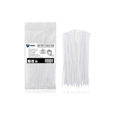Bundle of 8-inch white zip ties with packaging, suitable for cable management and wire bundling.
