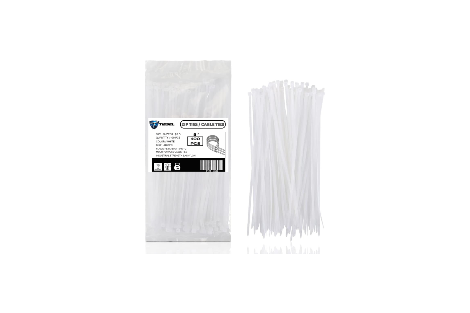 Bundle of 8-inch white zip ties with packaging, suitable for cable management and wire bundling.