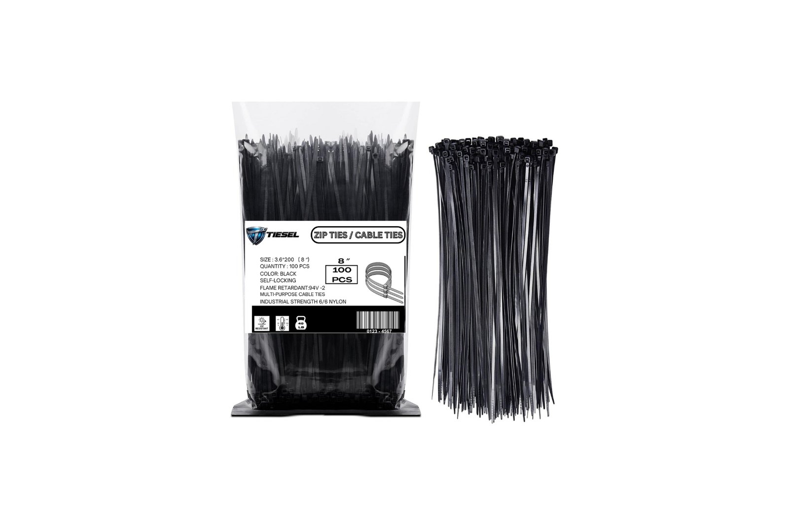 TIESEL 8 inch black nylon zip ties 40 lb tensile strength cable ties pack of 100