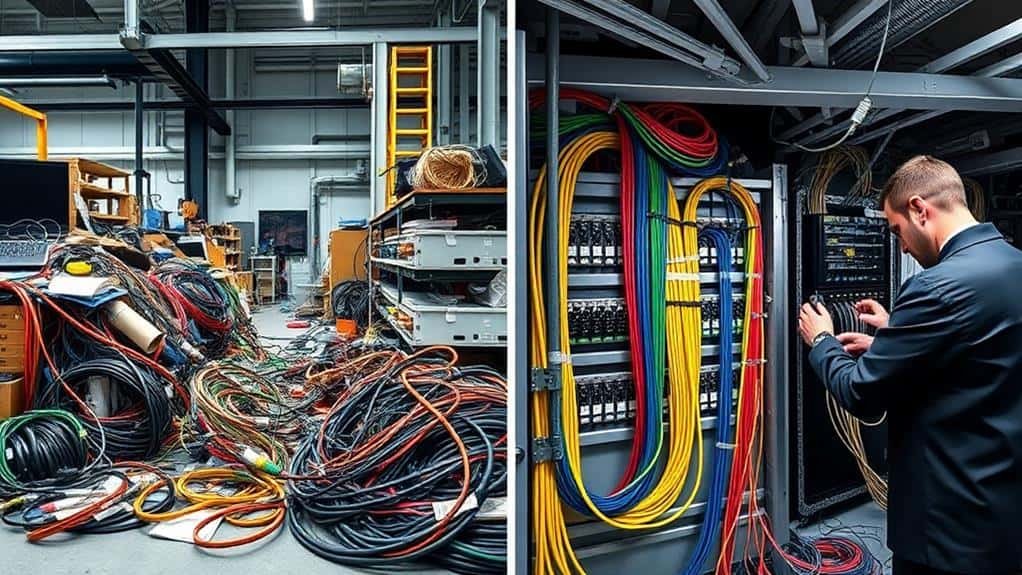 before and after cable management showing tangled wires and organized network cables