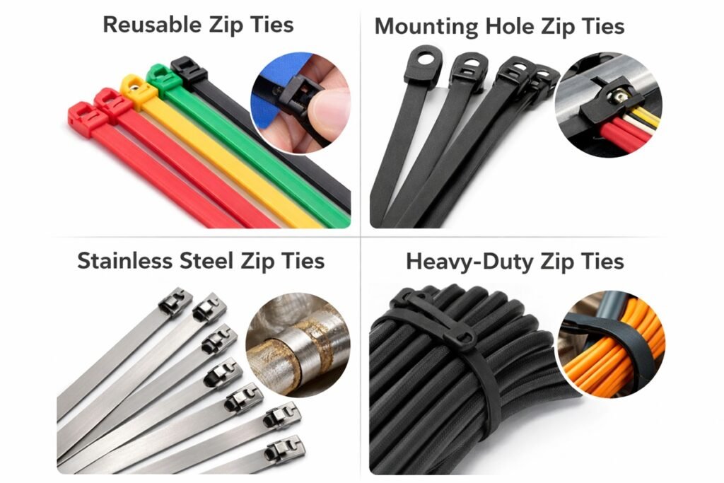 different types of zip ties including reusable mounting hole stainless steel and heavy duty cable ties