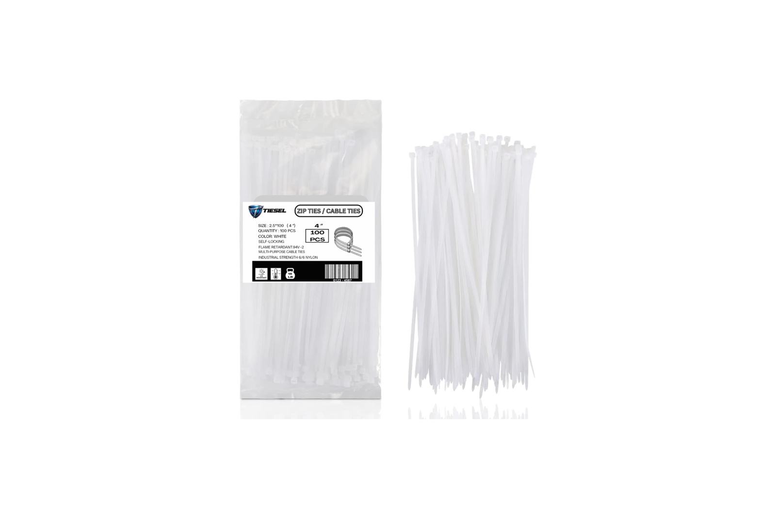 Bundle of 4-inch white zip ties for cable management.