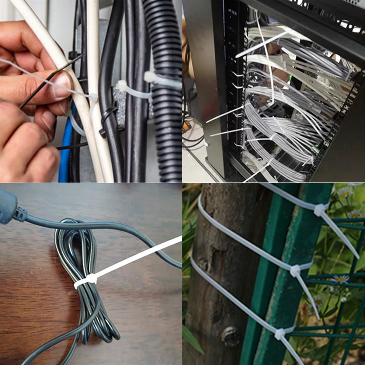 white zip ties used for cable management, wire bundling, and outdoor fence and home organization