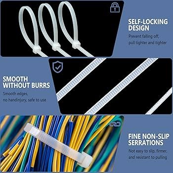 white zip ties with self locking design smooth edges and non slip serration for secure cable management