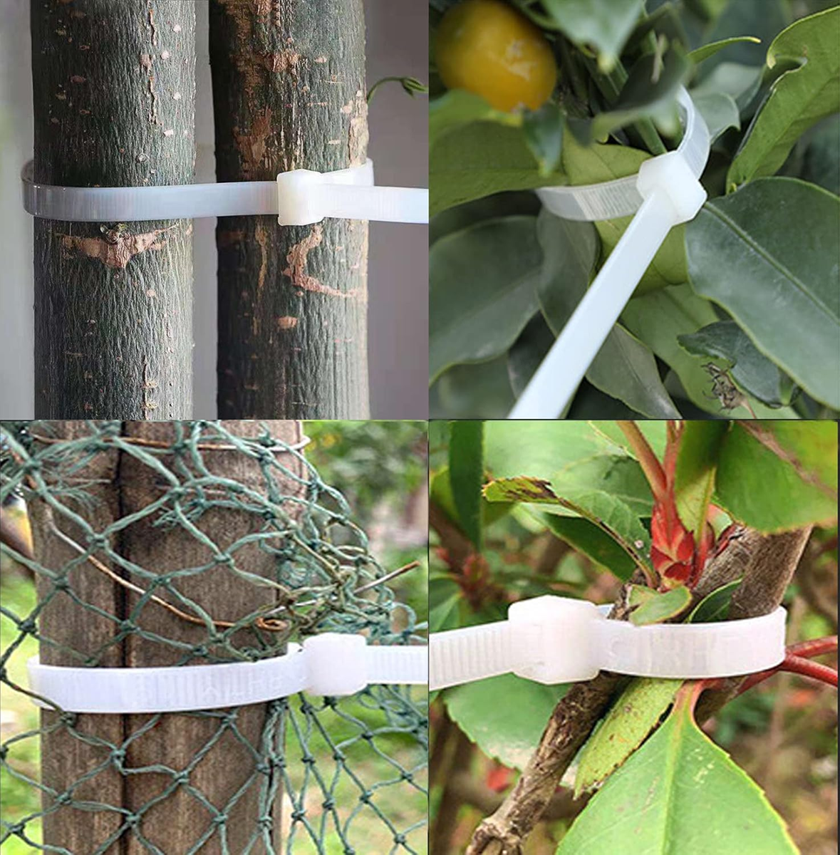 white zip ties used for plant support, gardening, and securing branches and fences