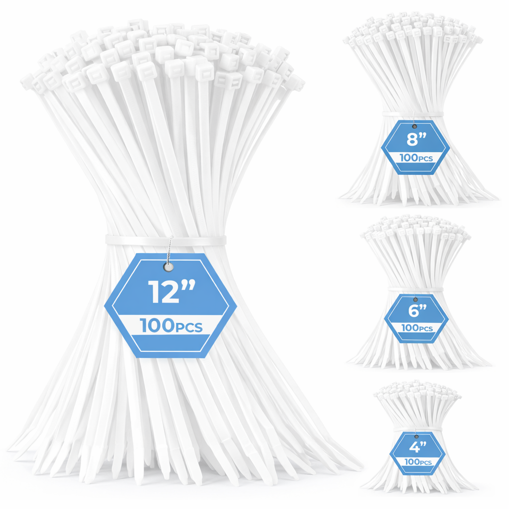 Bundles of white zip ties in multiple sizes (4, 6, 8, and 12 inch) with labels showing 100 pieces each.