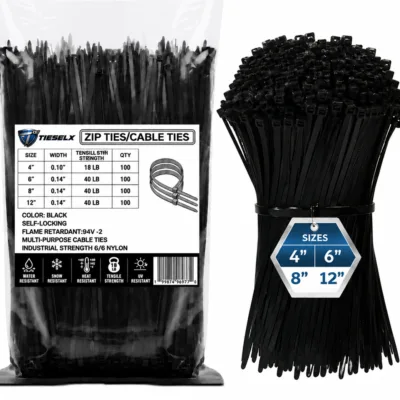 TIESELX black zip ties in assorted 4, 6, 8, and 12 inch sizes with nylon cable ties specifications