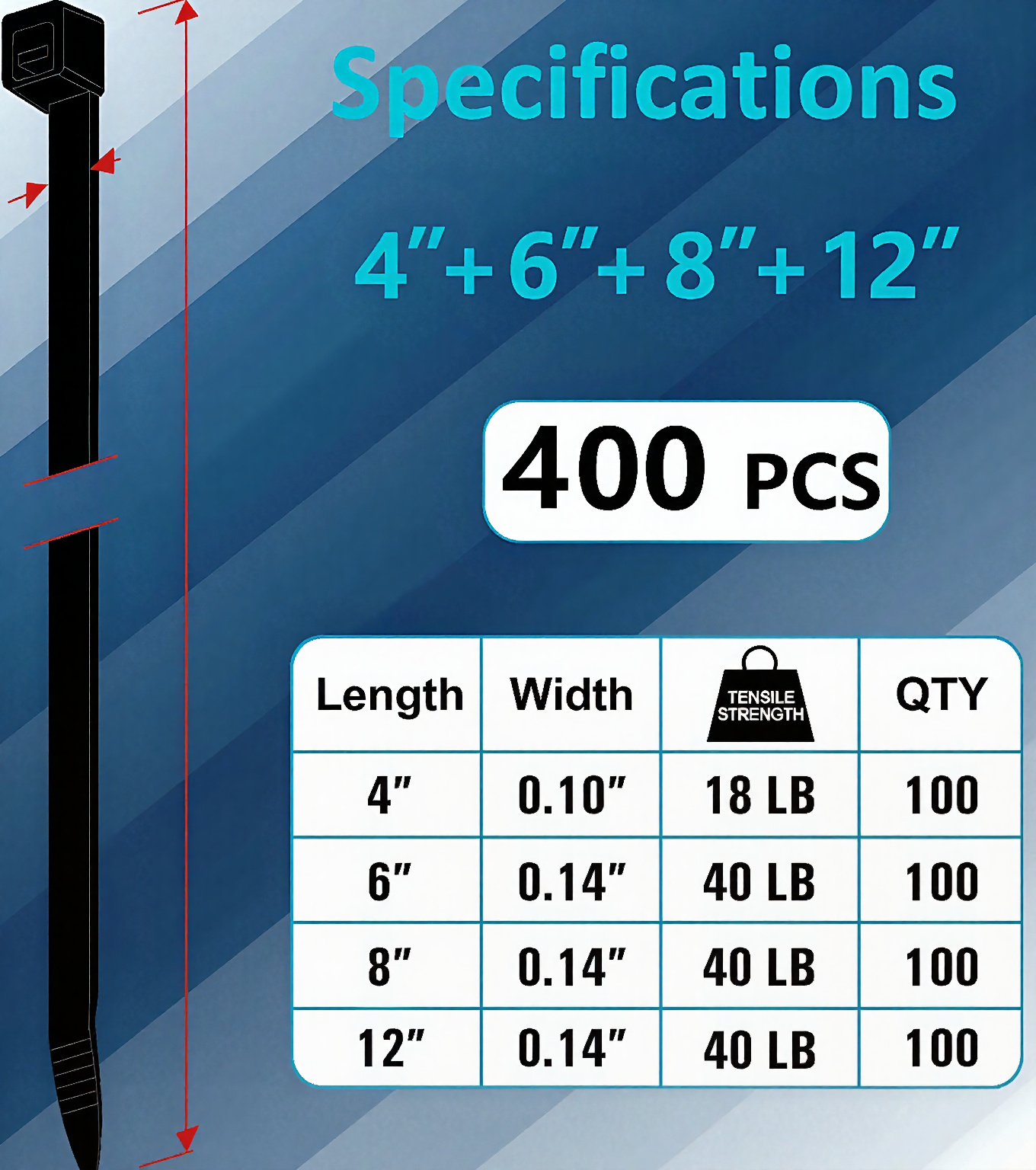 Black zip ties specifications chart for 4, 6, 8, and 12 inch cable ties with tensile strength and quantity details
