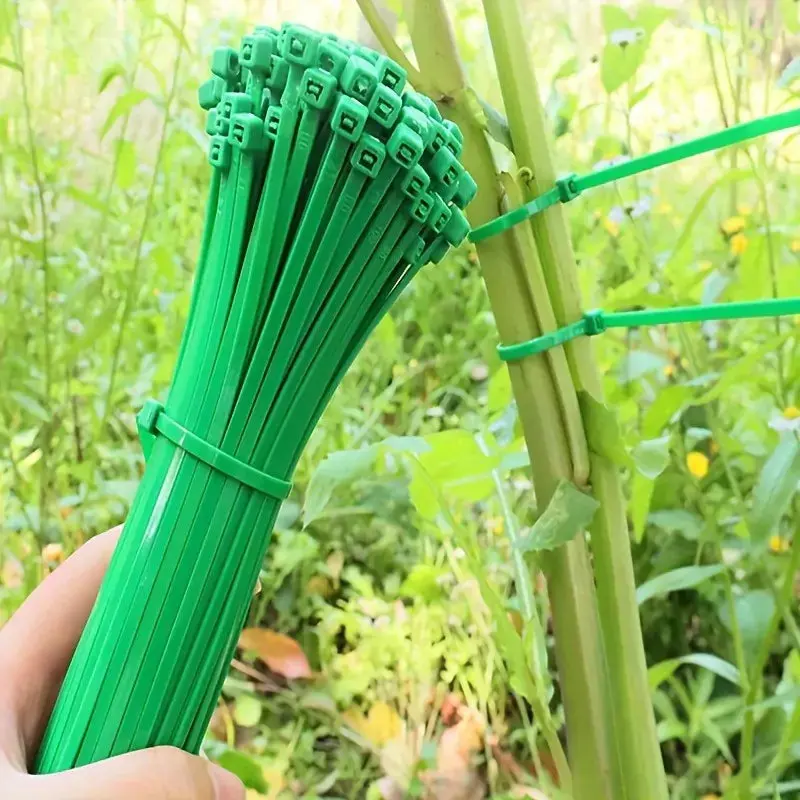 Green nylon cable ties pack holding plant stems to stake outdoor self locking zip ties