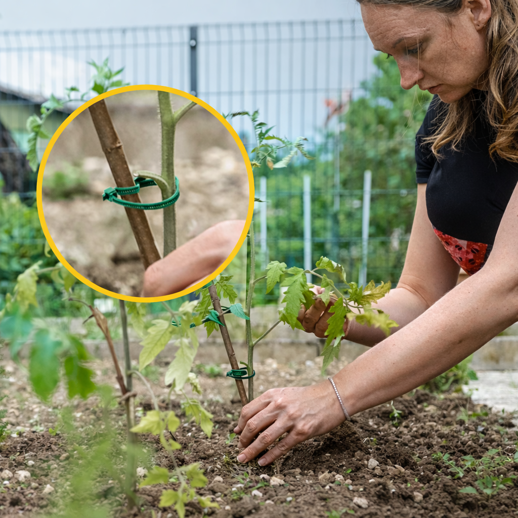 Green nylon zip ties securing plant stems to stake outdoor UV resistant cable ties gardening use