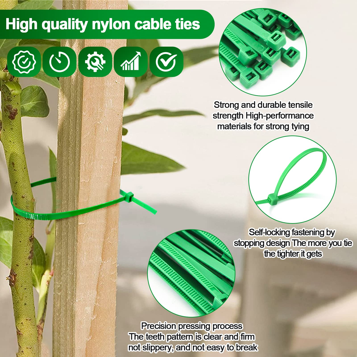 Green Zip Ties – UV Resistant Nylon Cable Ties for Color Coding (4, 6, 8, 12 Inch, 100 Pack) - Image 3