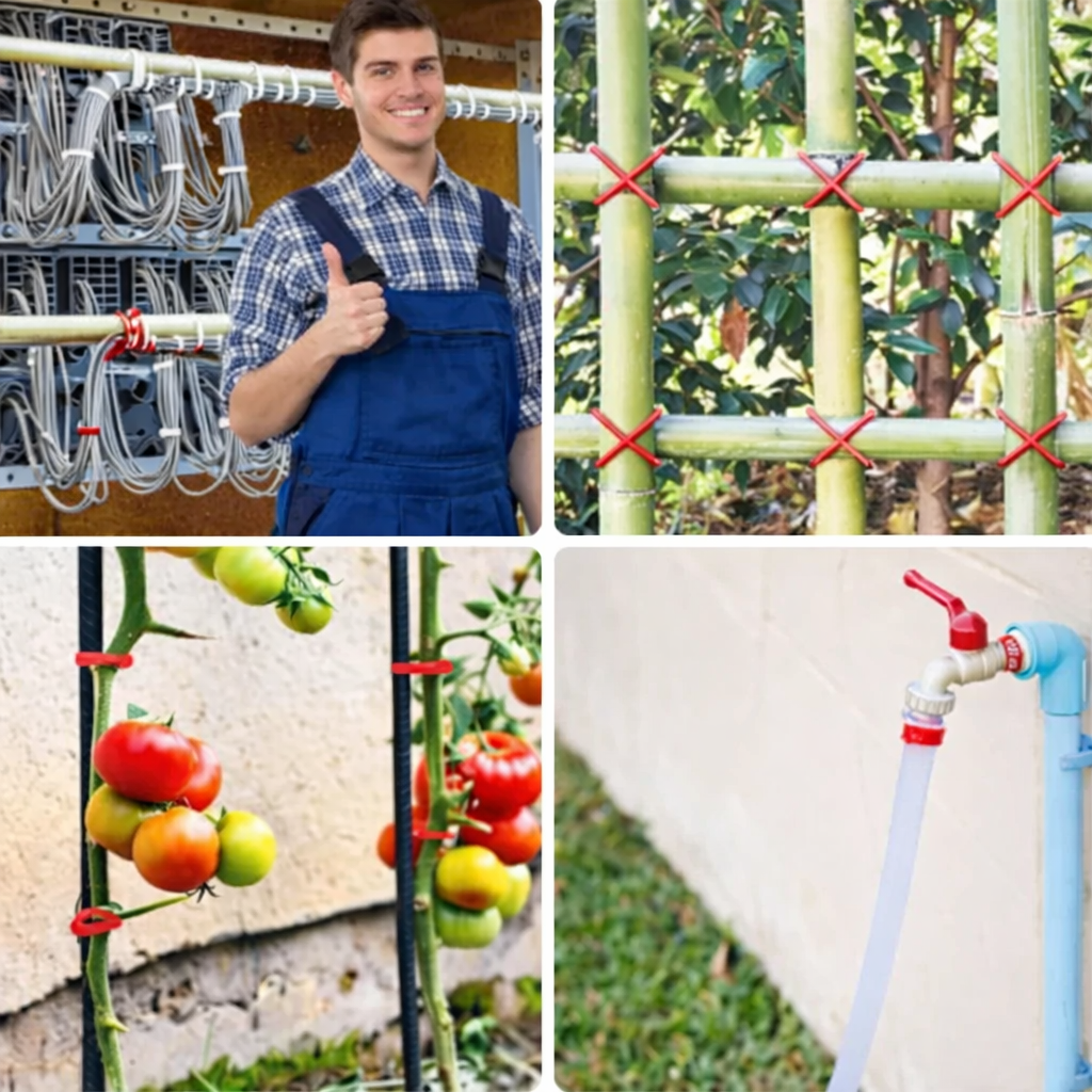 Red zip ties used for cable management, garden support, plant tying, and household plumbing applications by TIESEL