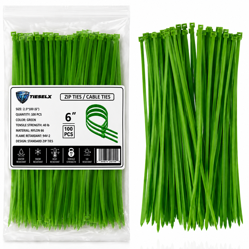 TieselX green 6-inch zip ties, 100-piece pack with labeled packaging and loose nylon cable ties.