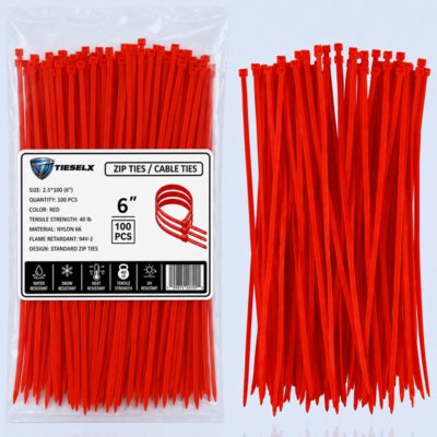 TieselX red 6-inch zip ties, 100-piece pack shown with labeled packaging and loose cable ties.