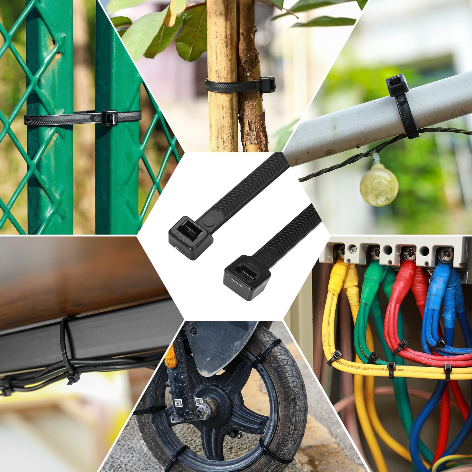 Black zip ties used for outdoor cable management, garden plant support, electrical wire organization, and securing items around the home.