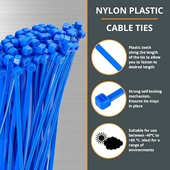 Blue nylon plastic cable ties with self-locking design, UV resistance, and flexible strength for cable management and wire organizing.