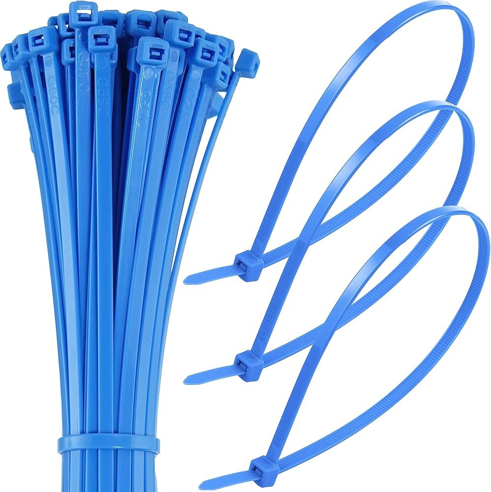 Blue nylon zip ties with self-locking heads, shown bundled and fastened for cable management, wire organizing, and color coding.