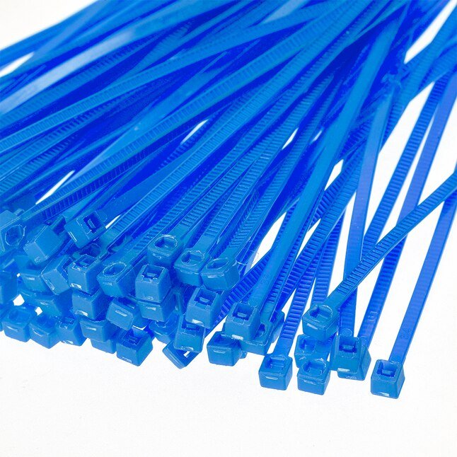 Close-up of blue UV resistant nylon cable ties with self-locking heads for cable management, wire organizing, and color coding.