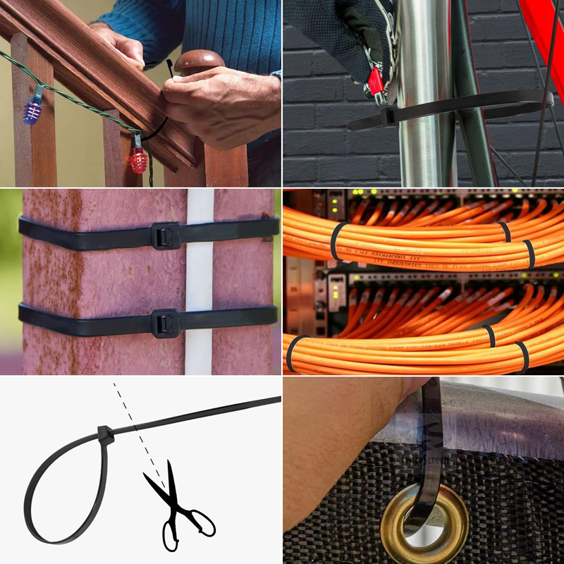 Heavy-duty black zip ties used for outdoor fastening, cable bundling, industrial wire management, and securing items around railings and surfaces.