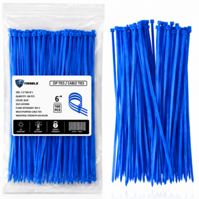 TieselX blue 6-inch zip ties, 100-piece pack with labeled packaging and loose nylon cable ties.