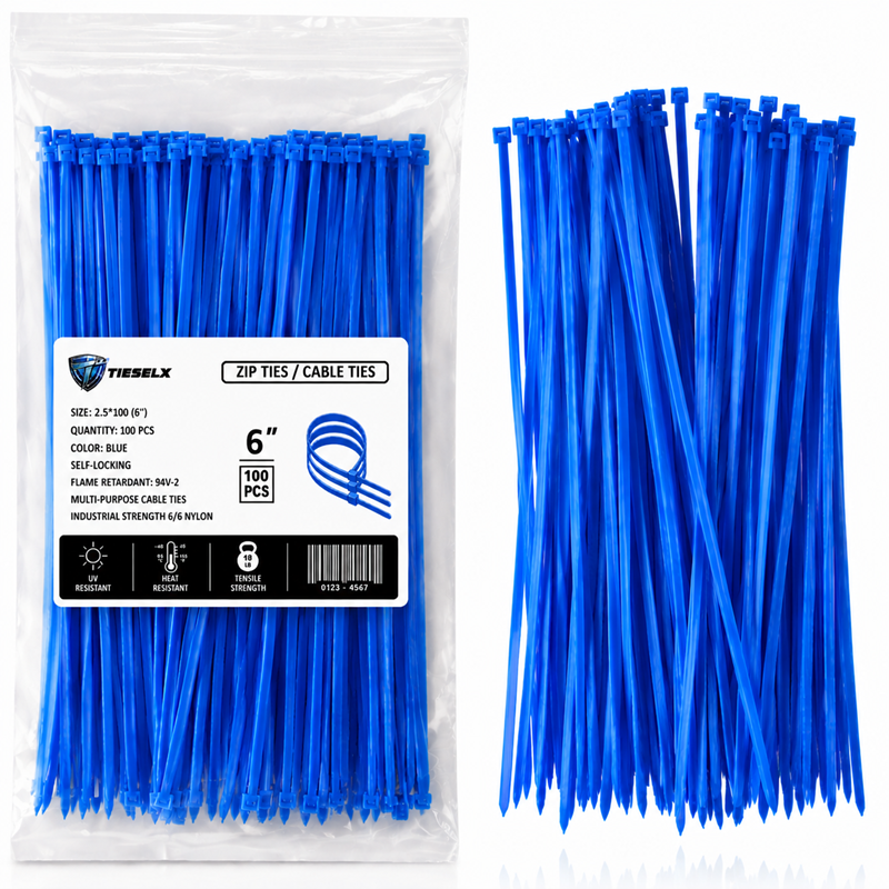 TieselX blue 6-inch zip ties, 100-piece pack with labeled packaging and loose nylon cable ties.
