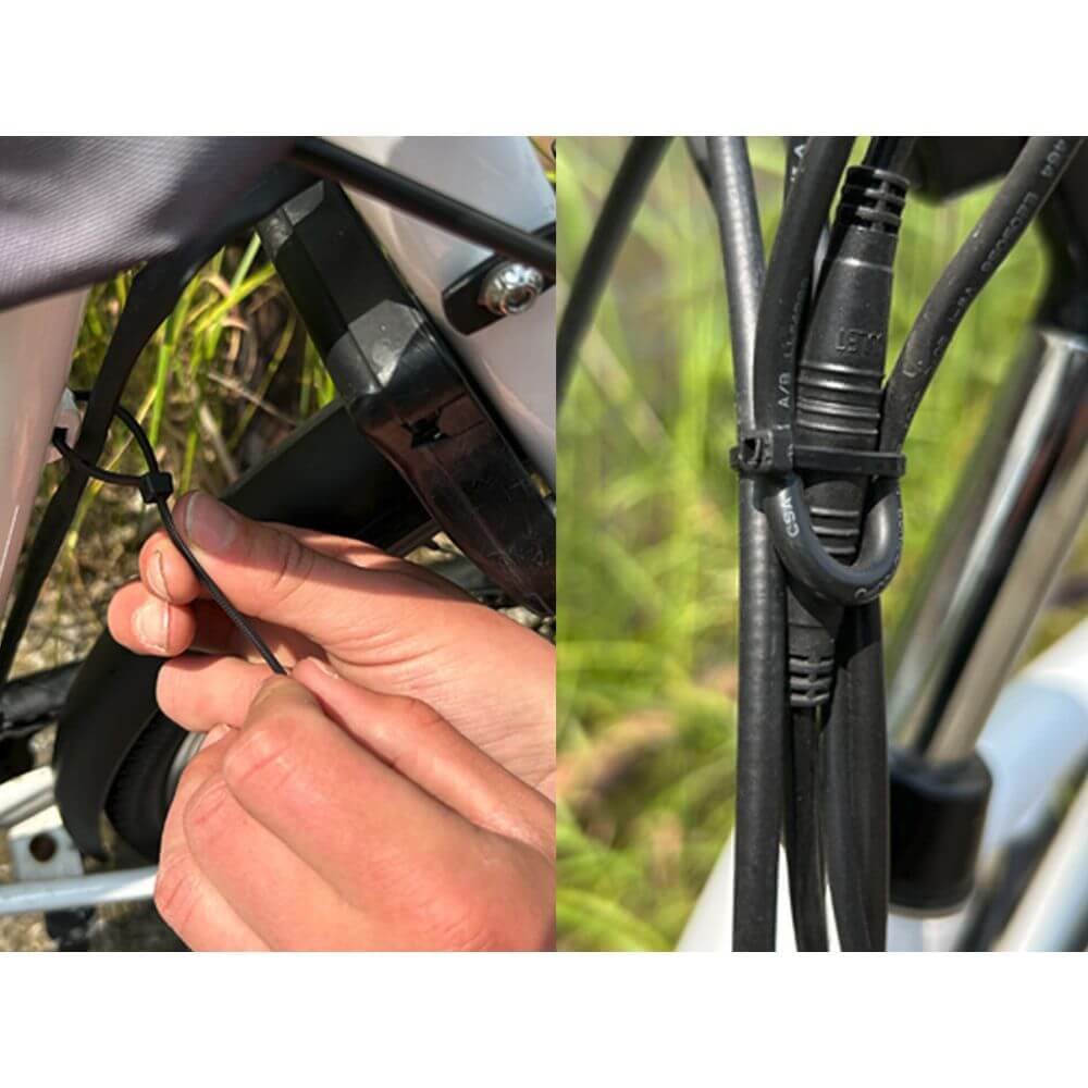 UV resistant black zip ties used to secure outdoor cables and wires around equipment for durable cable fastening and cable management.