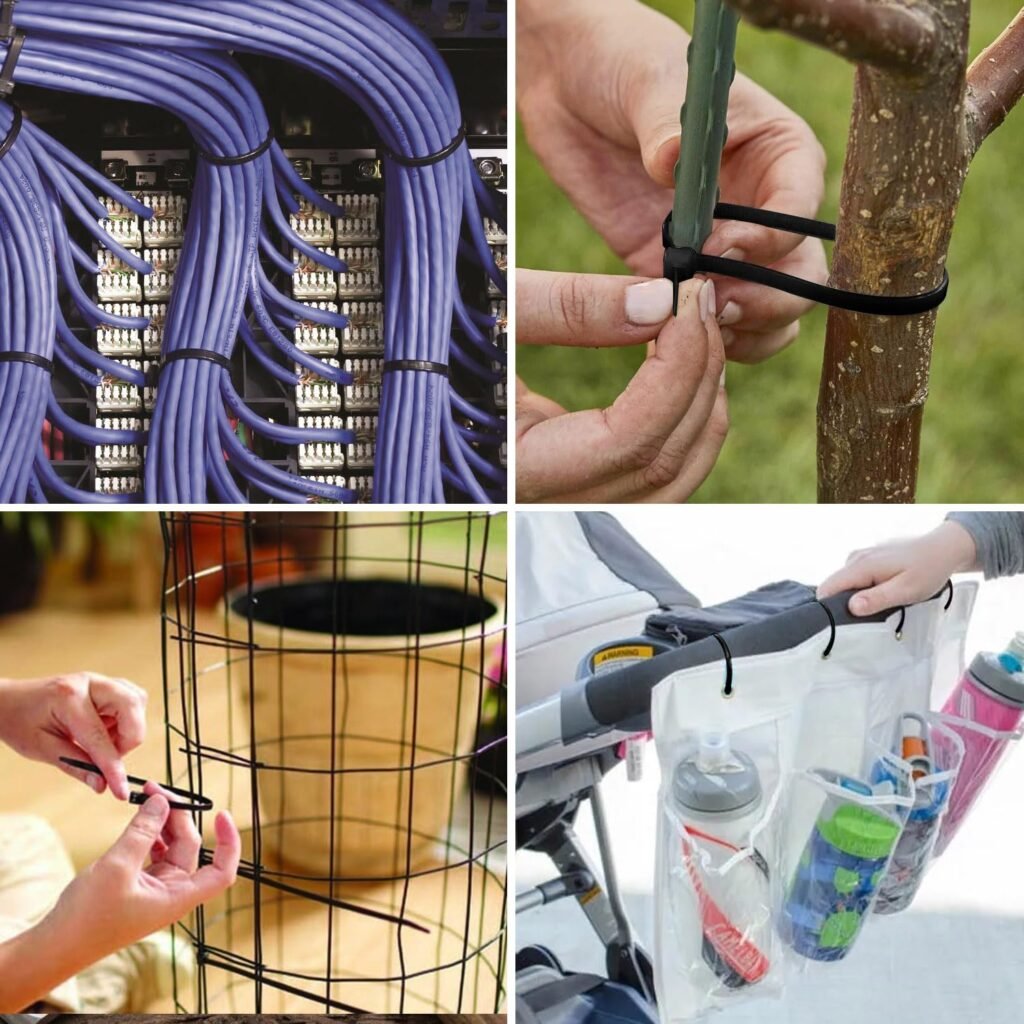 Zip ties used for cable management, garden plant support, wire frame fastening, and home organization tasks.
