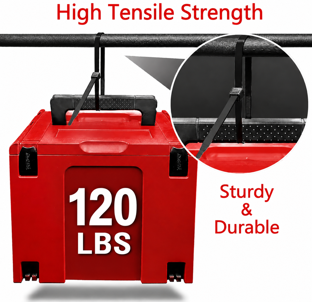 Black heavy duty zip ties showing 120 lbs tensile strength, strong industrial cable ties used for securing heavy tools and equipment, durable and reliable fastening solution.