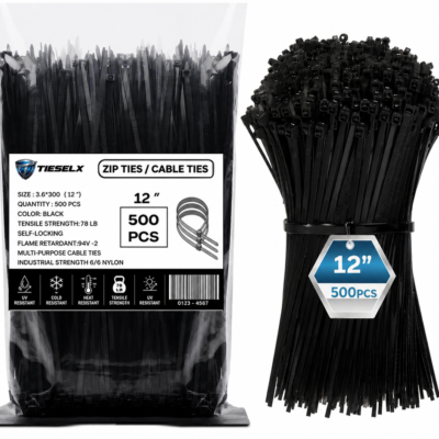Black heavy duty 12 inch zip ties 500 pcs pack made of Nylon 66 industrial strength cable ties with self-locking design and UV resistant durability for wiring and outdoor use.