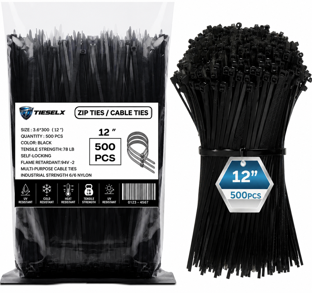 Black heavy duty 12 inch zip ties 500 pcs pack made of Nylon 66 industrial strength cable ties with self-locking design and UV resistant durability for wiring and outdoor use.