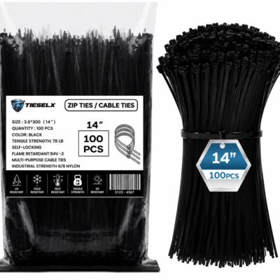 Black heavy duty 14 inch zip ties, 100 pcs pack, made of Nylon 66, UV resistant industrial cable ties for secure cable management and outdoor use.