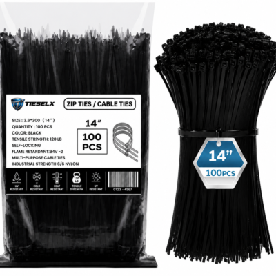 TIESELX 14 inch black zip ties heavy duty 120LB tensile strength UV resistant nylon 66