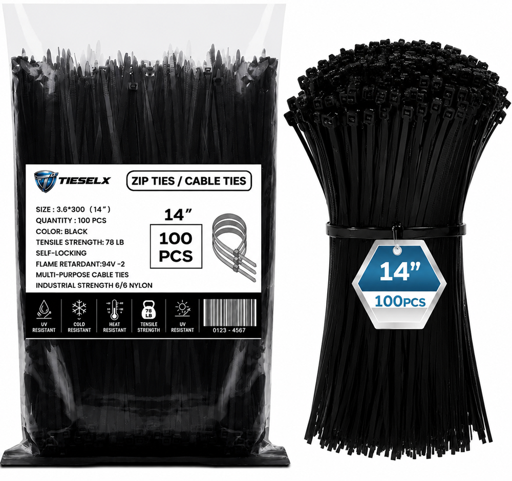 Black heavy duty 14 inch zip ties, 100 pcs pack, made of Nylon 66, UV resistant industrial cable ties for secure cable management and outdoor use.