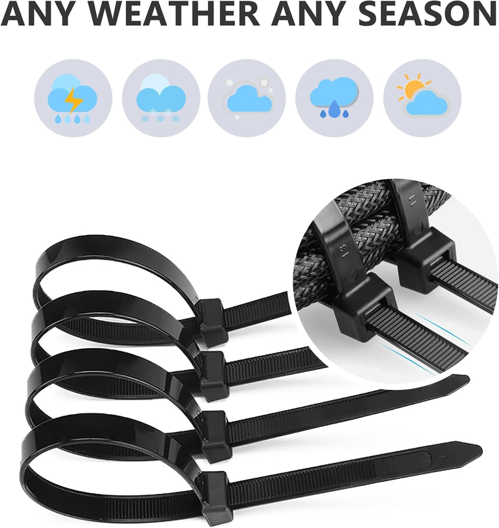 Black heavy duty zip ties shown with all weather icons, UV resistant Nylon 66 cable ties designed for outdoor and indoor use in rain, snow, heat, and sunlight conditions.