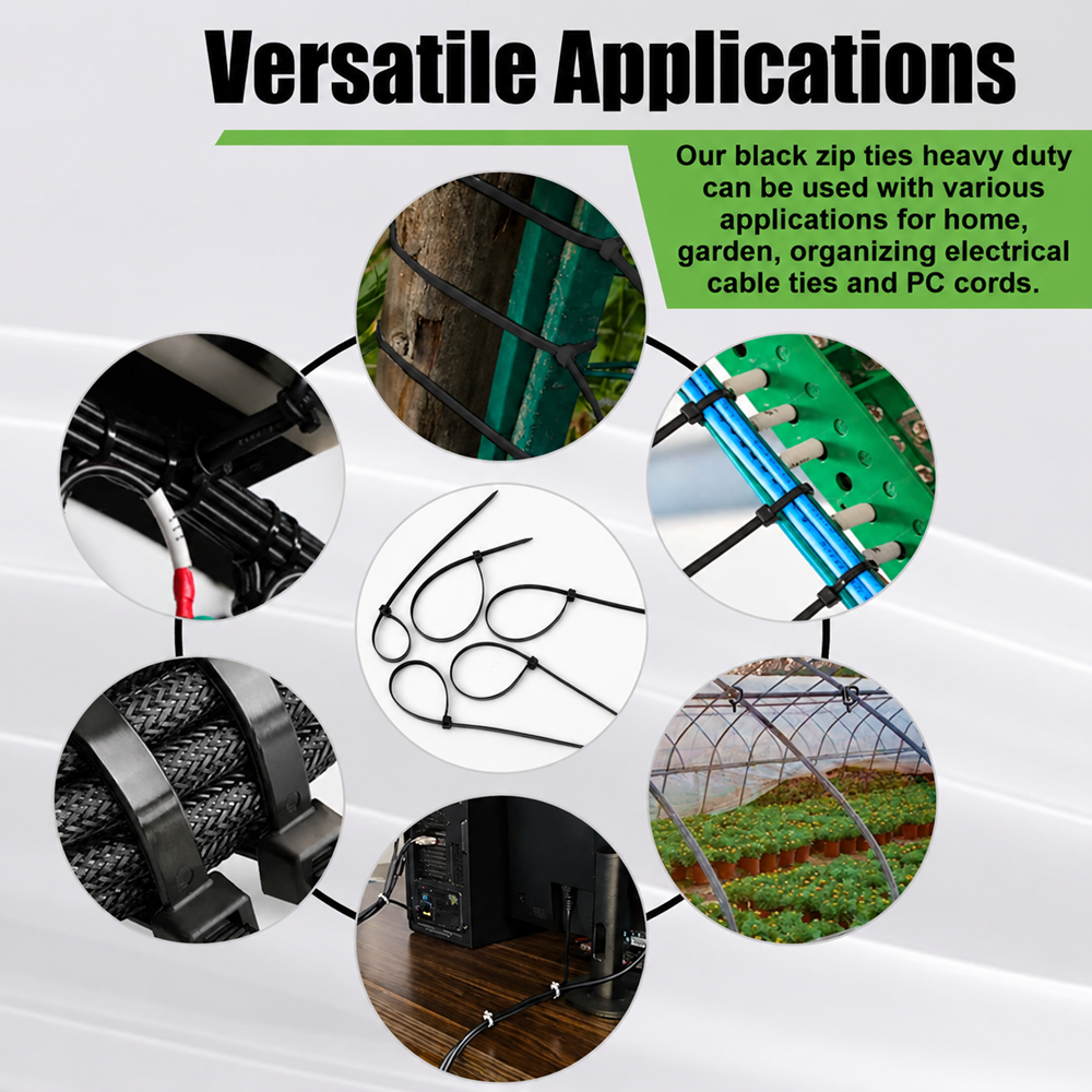 Black heavy duty zip ties shown in versatile applications including home, garden, electrical wiring, computer cable management, fence fixing, and greenhouse use for secure fastening and organization.