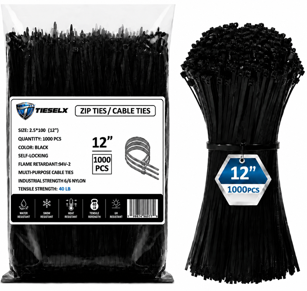 Pack of black 12-inch heavy-duty zip ties made from Nylon 66 material, shown in sealed packaging and bundled tie bundle, with 1000-piece quantity label and industrial-grade cable management application display.