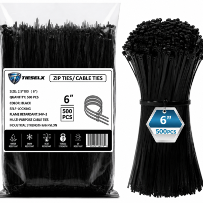Black heavy duty zip ties 6 inch 500 pieces pack made of nylon 66, self-locking industrial cable ties with UV resistance and strong durability, shown in packaging bag and bundled loose set on white background.