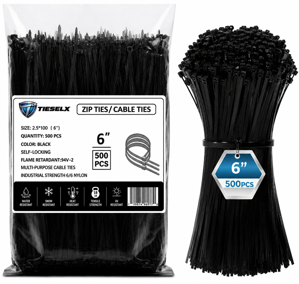 Black heavy duty zip ties 6 inch 500 pieces pack made of nylon 66, self-locking industrial cable ties with UV resistance and strong durability, shown in packaging bag and bundled loose set on white background.