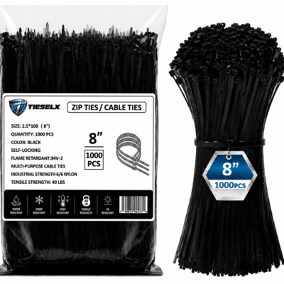Pack of black 8-inch heavy-duty zip ties made from Nylon 66 material, displayed in a sealed bag and bundled tie pack, featuring 1000-piece quantity label and industrial cable management use.