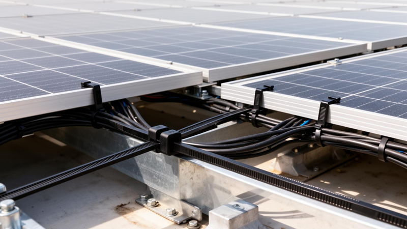 Heavy duty black zip ties organizing solar panel wiring on a rooftop installation, providing UV-resistant, weather-resistant, and durable cable management.