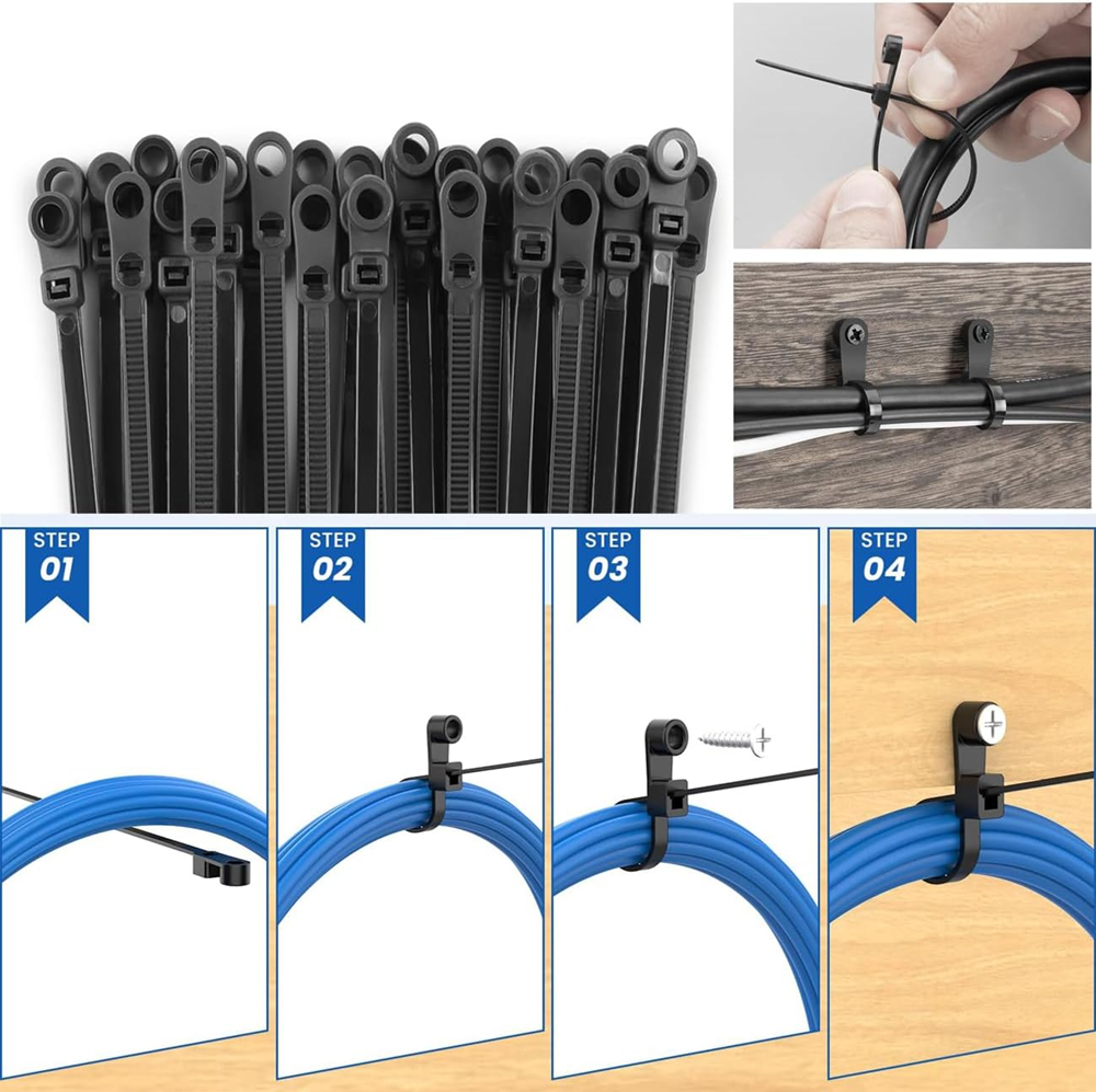 Step by step installation guide of heavy duty screw mount cable ties used for securing black zip ties on blue electrical cables for industrial cable management and wall mounting applications
