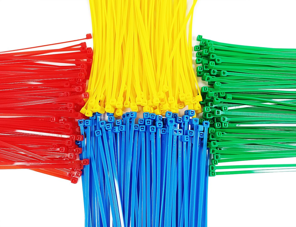 Assorted color nylon zip ties featuring red, yellow, blue, and green self-locking cable ties for cable management, wire bundling, organization, and industrial fastening applications.